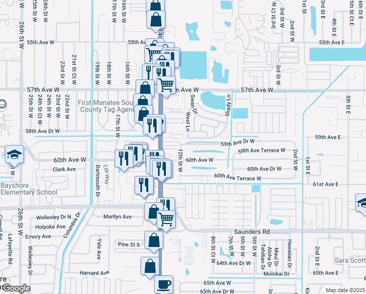 map of restaurants, bars, coffee shops, grocery stores, and more near 23 Shady Lane in Bradenton