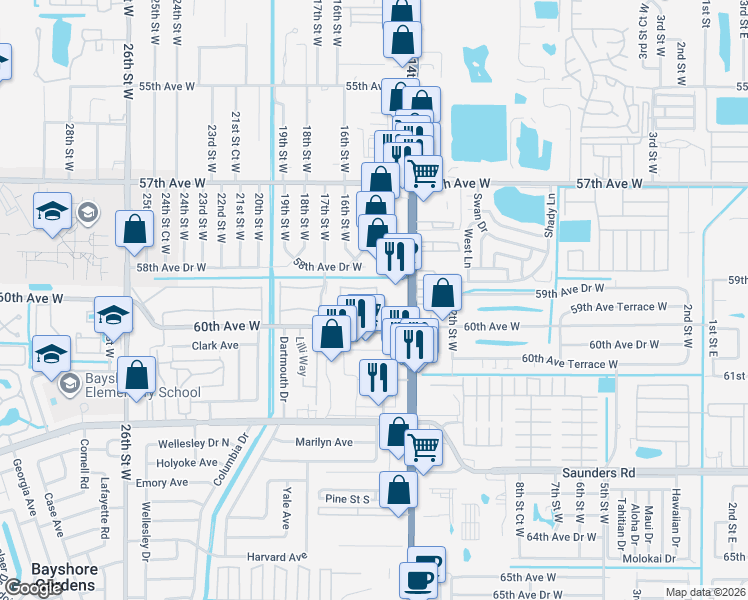 map of restaurants, bars, coffee shops, grocery stores, and more near 5856 14th Street West in Bradenton