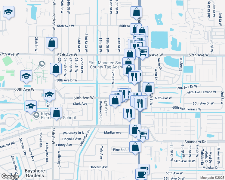 map of restaurants, bars, coffee shops, grocery stores, and more near 1817 Restful Drive in Bradenton