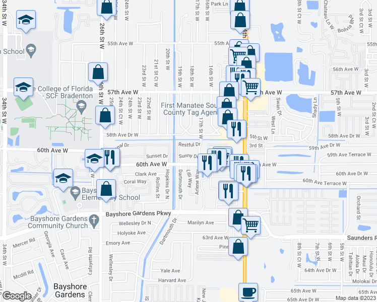 map of restaurants, bars, coffee shops, grocery stores, and more near 1853 Restful Drive in Bradenton