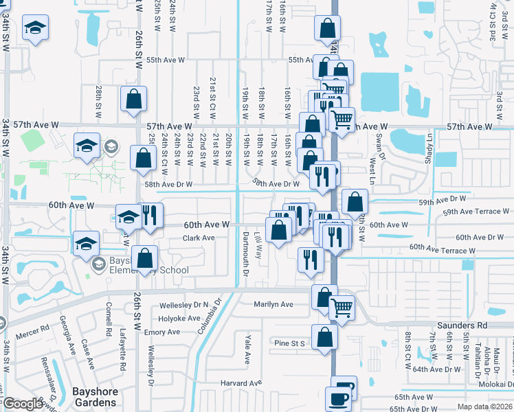 map of restaurants, bars, coffee shops, grocery stores, and more near 1853 Restful Drive in Bradenton