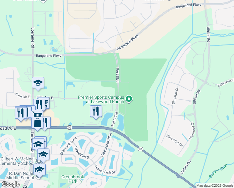map of restaurants, bars, coffee shops, grocery stores, and more near Post Boulevard in Manatee County