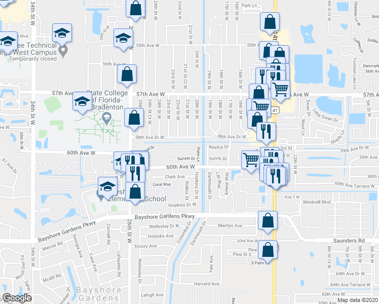 map of restaurants, bars, coffee shops, grocery stores, and more near 2041 Canal Drive in Bradenton