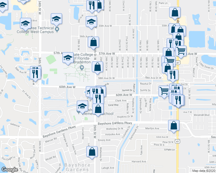 map of restaurants, bars, coffee shops, grocery stores, and more near 2308 Canal Drive in Bradenton