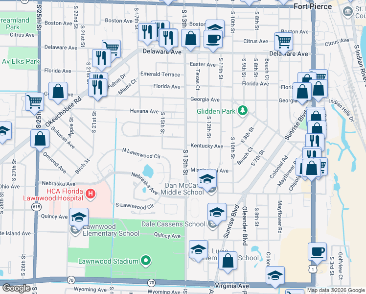 map of restaurants, bars, coffee shops, grocery stores, and more near 1218 Kentucky Avenue in Fort Pierce
