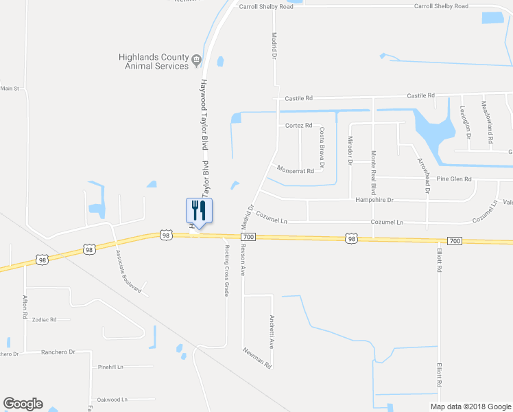 map of restaurants, bars, coffee shops, grocery stores, and more near 127 Madrid Drive in Sebring