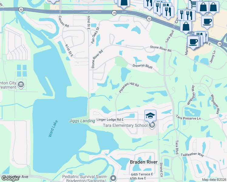 map of restaurants, bars, coffee shops, grocery stores, and more near 6649 Pleasant Hill Road in Bradenton