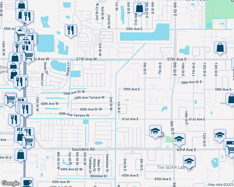 map of restaurants, bars, coffee shops, grocery stores, and more near 102b 59th Avenue East in Bradenton