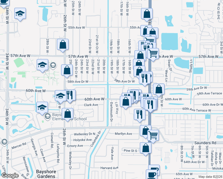 map of restaurants, bars, coffee shops, grocery stores, and more near 1853 Restful Drive in Bradenton