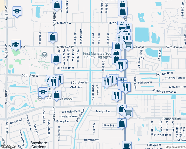 map of restaurants, bars, coffee shops, grocery stores, and more near 1853 Restful Drive in Bradenton