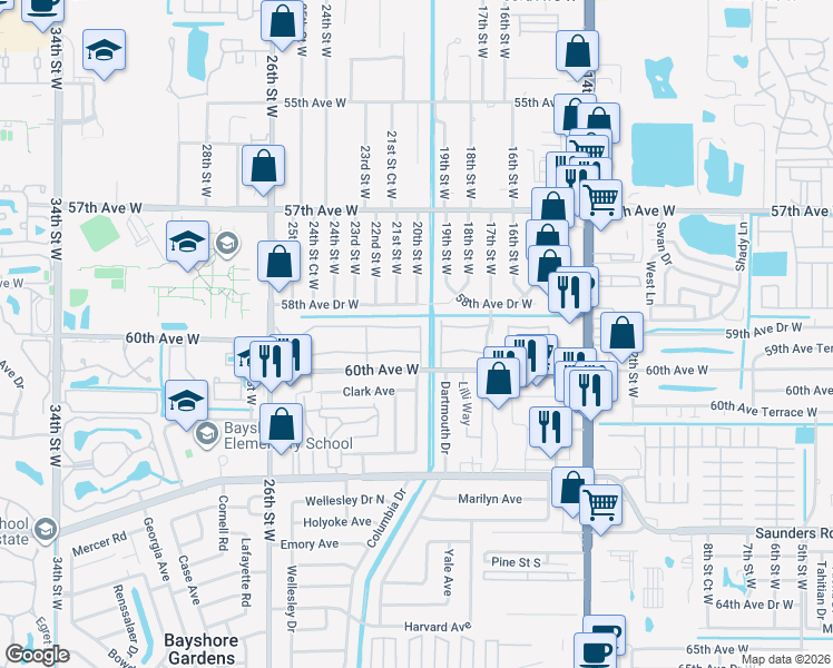map of restaurants, bars, coffee shops, grocery stores, and more near 2041 Canal Drive in Bradenton