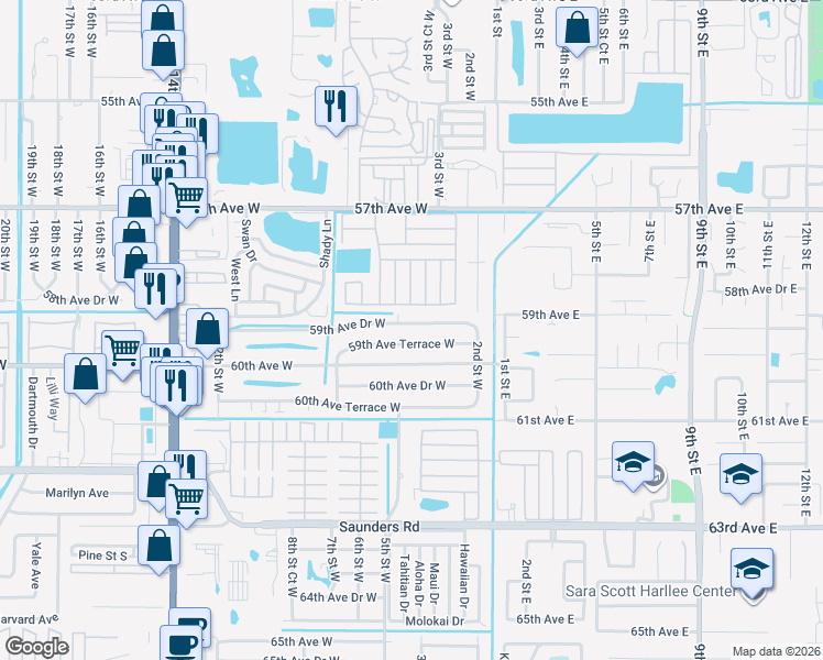 map of restaurants, bars, coffee shops, grocery stores, and more near 407 59th Avenue Drive West in Bradenton