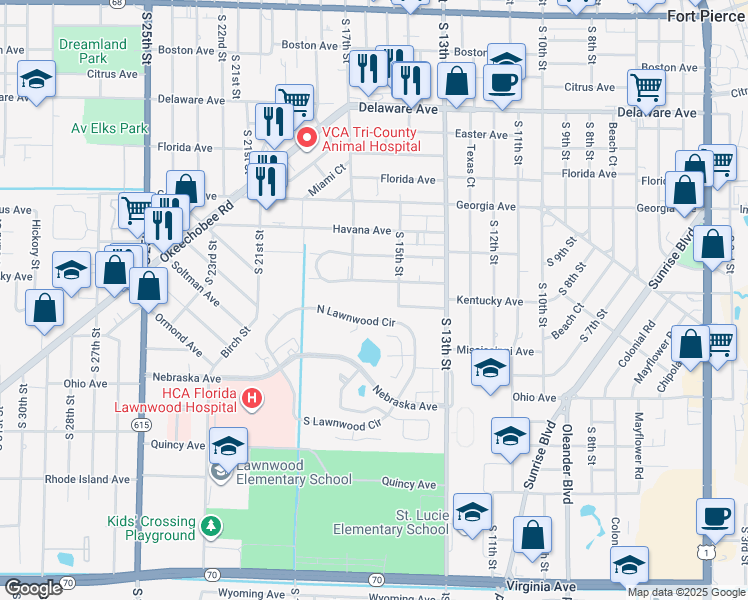 map of restaurants, bars, coffee shops, grocery stores, and more near 1550 North Lawnwood Circle in Fort Pierce