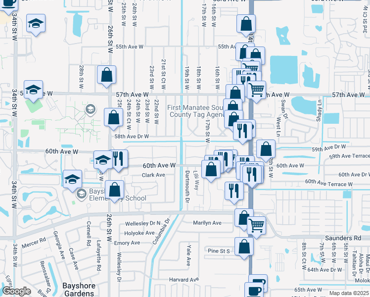 map of restaurants, bars, coffee shops, grocery stores, and more near 1853 Restful Drive in Bradenton