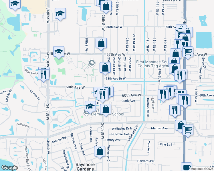 map of restaurants, bars, coffee shops, grocery stores, and more near 2517 60th Avenue West in Bradenton