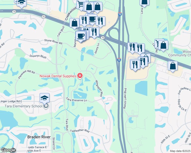 map of restaurants, bars, coffee shops, grocery stores, and more near 6047 Wingspan Way in Bradenton