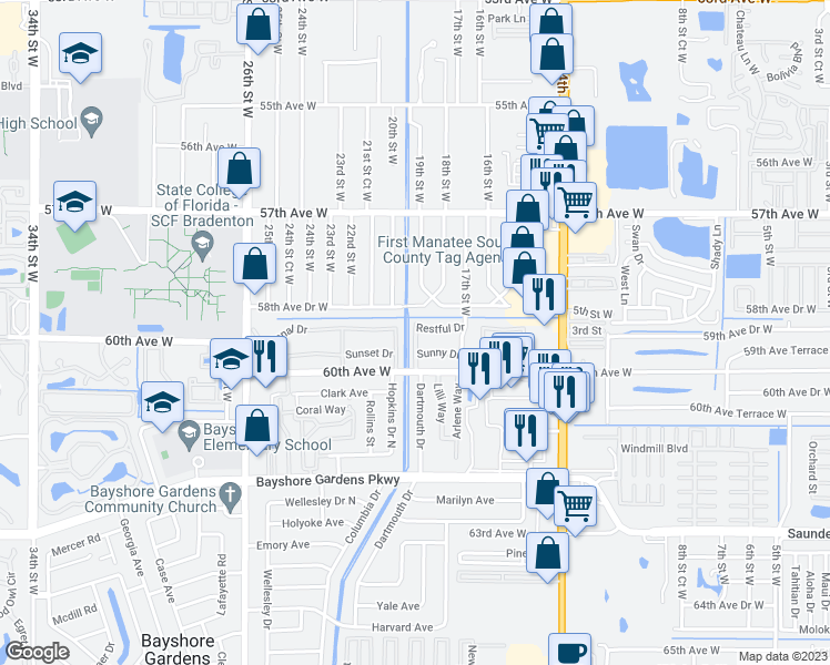 map of restaurants, bars, coffee shops, grocery stores, and more near 1853 Restful Drive in Bradenton