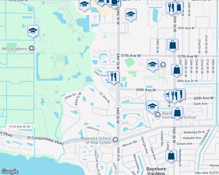 map of restaurants, bars, coffee shops, grocery stores, and more near 5970 35th Street West in Bradenton