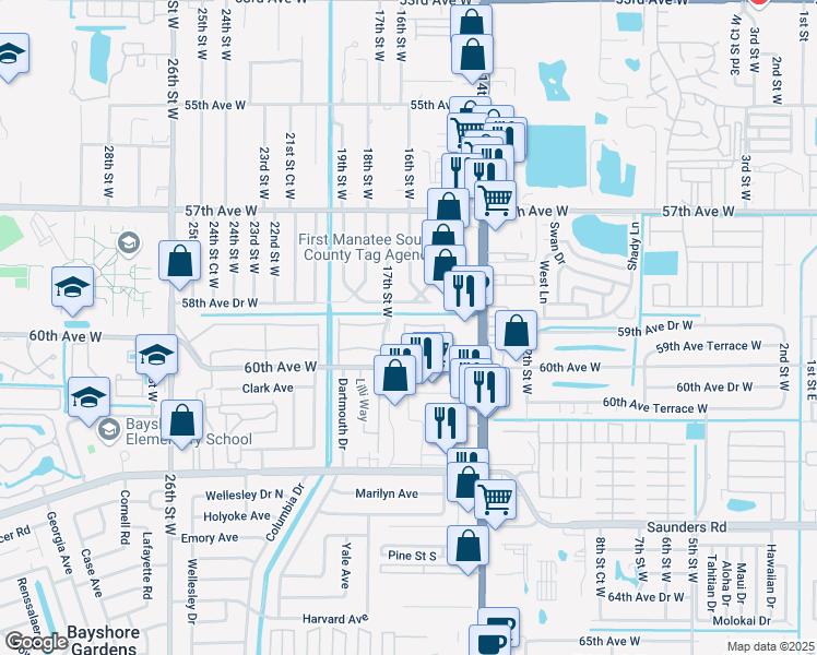 map of restaurants, bars, coffee shops, grocery stores, and more near 1593 Leisure Drive in Bradenton