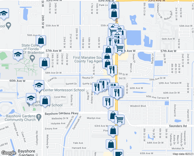 map of restaurants, bars, coffee shops, grocery stores, and more near 1593 Leisure Drive in Bradenton