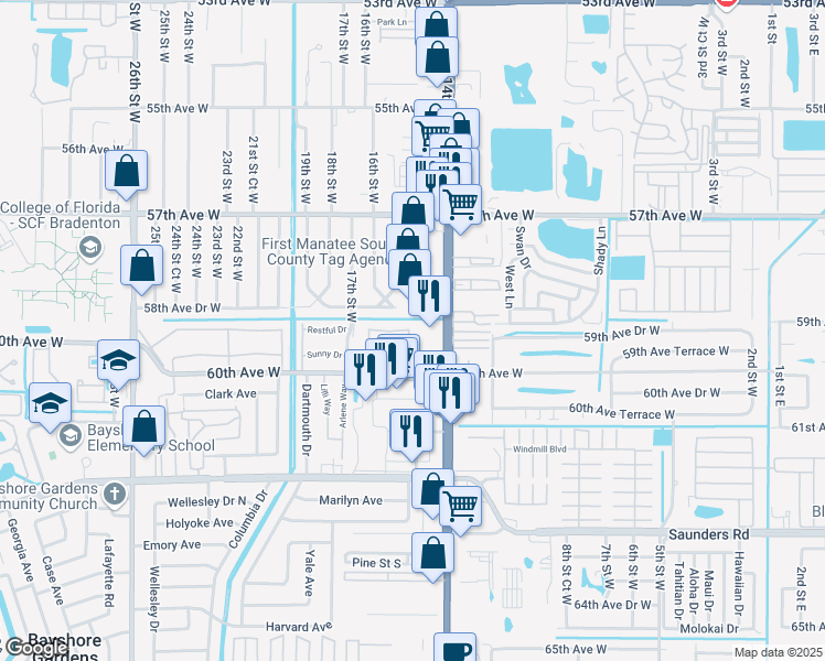 map of restaurants, bars, coffee shops, grocery stores, and more near 5873 Todd Street in Bradenton