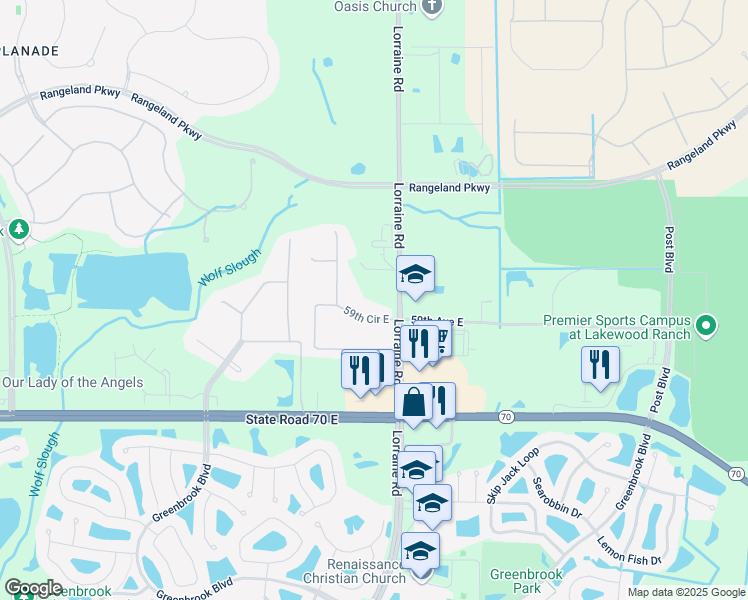 map of restaurants, bars, coffee shops, grocery stores, and more near 5808 Lorraine Road in Bradenton