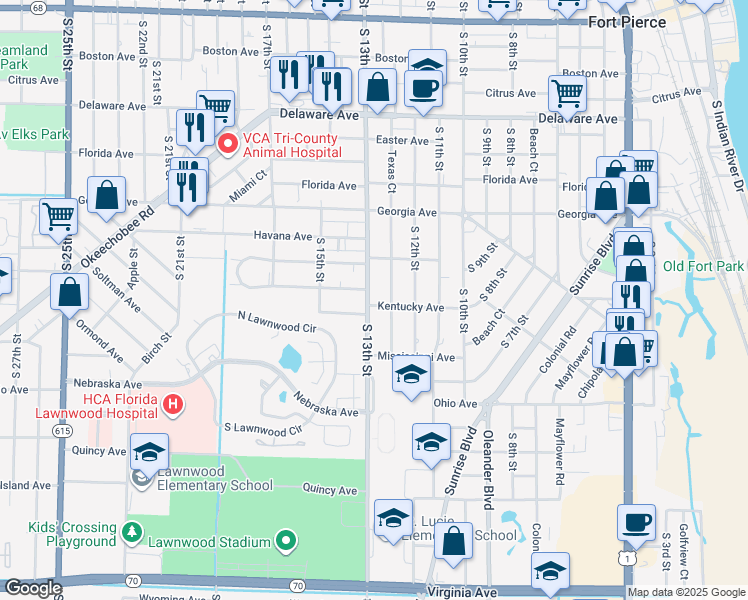 map of restaurants, bars, coffee shops, grocery stores, and more near 1218 Kentucky Avenue in Fort Pierce