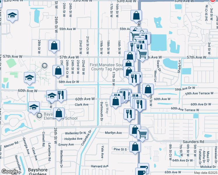 map of restaurants, bars, coffee shops, grocery stores, and more near 1817 Restful Drive in Bradenton