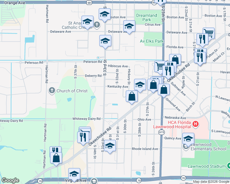 map of restaurants, bars, coffee shops, grocery stores, and more near 3104 Louisiana Avenue in Fort Pierce