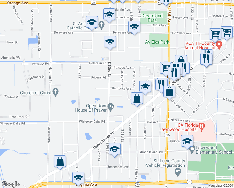 map of restaurants, bars, coffee shops, grocery stores, and more near 3104 Louisiana Avenue in Fort Pierce