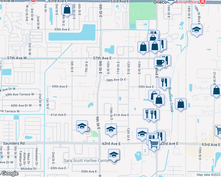 map of restaurants, bars, coffee shops, grocery stores, and more near 915 59th Avenue Drive East in Bradenton