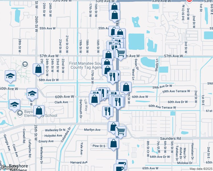 map of restaurants, bars, coffee shops, grocery stores, and more near 5856 14th Street West in Bradenton