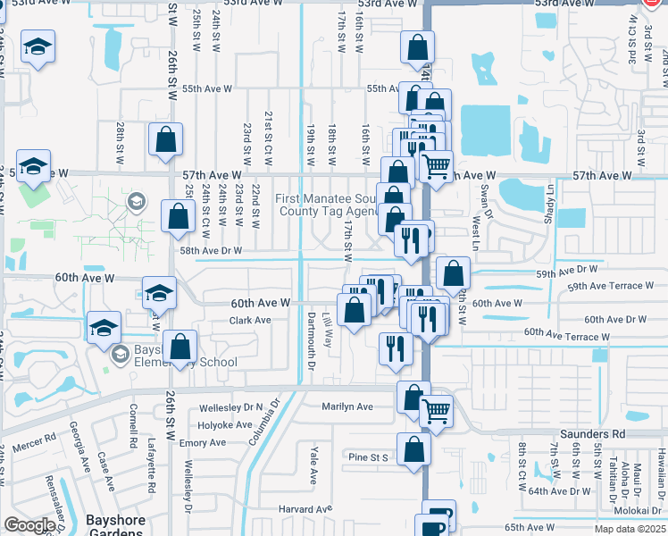 map of restaurants, bars, coffee shops, grocery stores, and more near 1817 Restful Drive in Bradenton