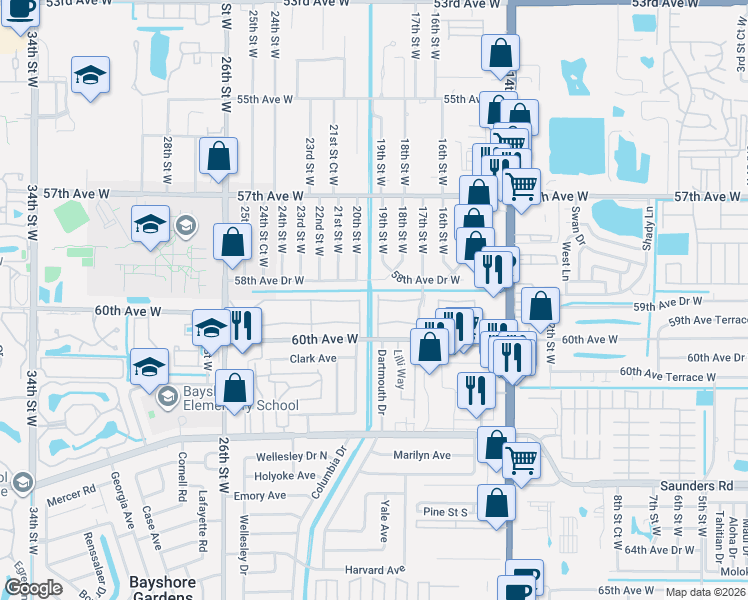 map of restaurants, bars, coffee shops, grocery stores, and more near 1855 Restful Drive in Bradenton
