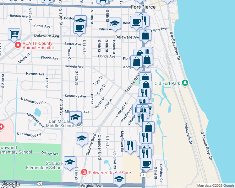 map of restaurants, bars, coffee shops, grocery stores, and more near 1006 South 7th Street in Fort Pierce