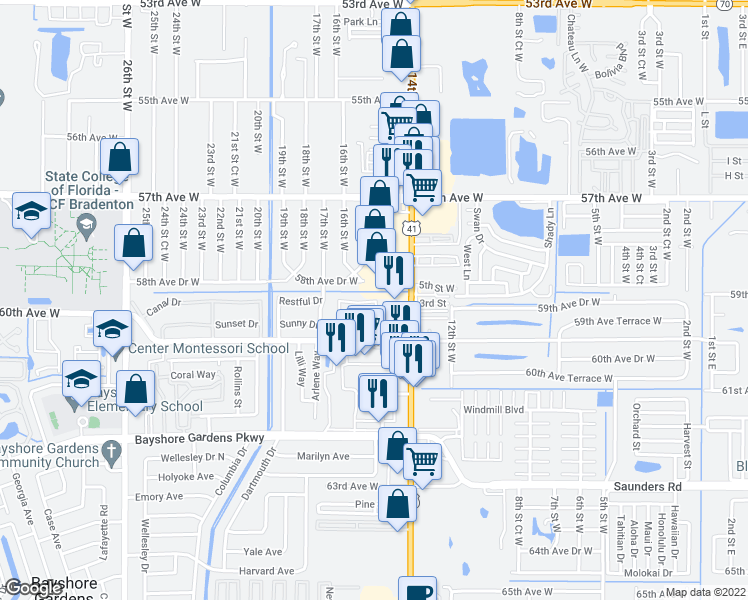 map of restaurants, bars, coffee shops, grocery stores, and more near 5856 14th Street West in Bradenton