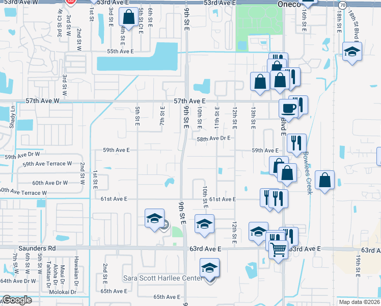 map of restaurants, bars, coffee shops, grocery stores, and more near 909 59th Avenue Drive East in Bradenton