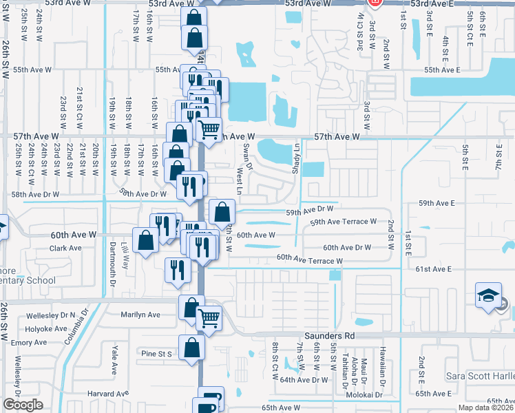 map of restaurants, bars, coffee shops, grocery stores, and more near 114 Shady Lane in Bradenton