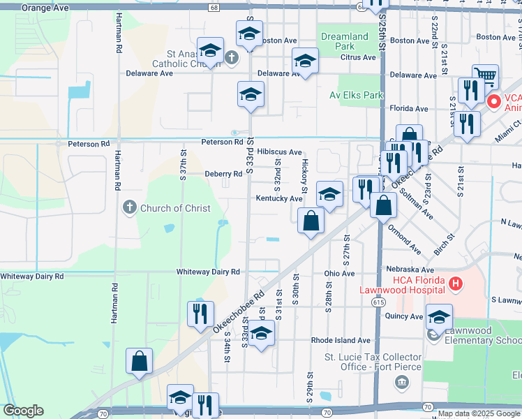 map of restaurants, bars, coffee shops, grocery stores, and more near 3208 Louisiana Avenue in Fort Pierce