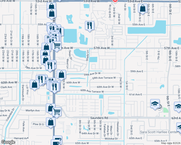 map of restaurants, bars, coffee shops, grocery stores, and more near 709 59th Avenue Drive West in Bradenton