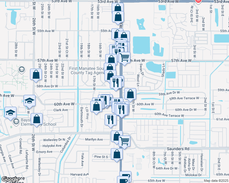 map of restaurants, bars, coffee shops, grocery stores, and more near 5856 14th Street West in Bradenton