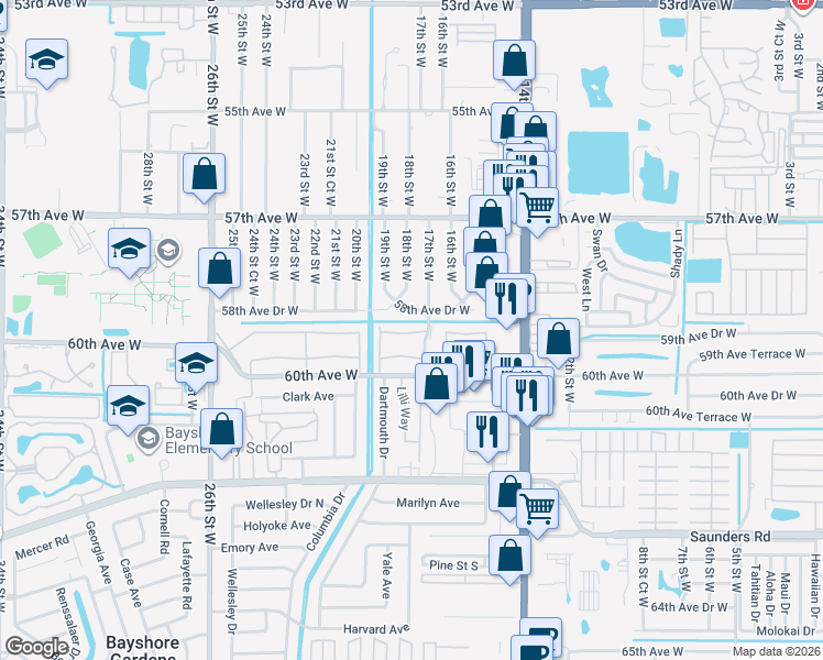 map of restaurants, bars, coffee shops, grocery stores, and more near 1817 Restful Drive in Bradenton