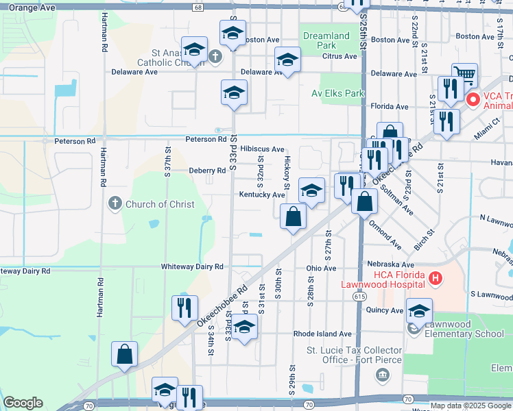 map of restaurants, bars, coffee shops, grocery stores, and more near 3202 Louisiana Avenue in Fort Pierce