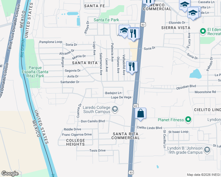 map of restaurants, bars, coffee shops, grocery stores, and more near 413 General Franco Drive in Laredo