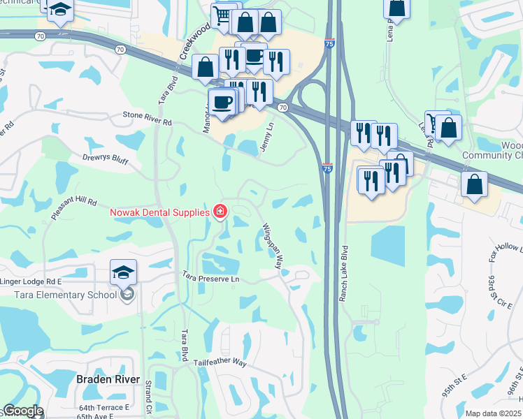 map of restaurants, bars, coffee shops, grocery stores, and more near 6047 Wingspan Way in Bradenton