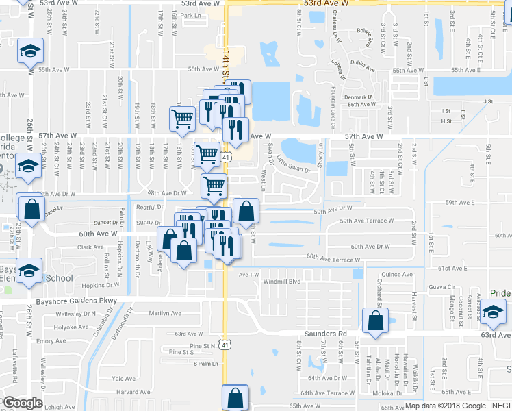map of restaurants, bars, coffee shops, grocery stores, and more near 23 Shady Lane in Bradenton
