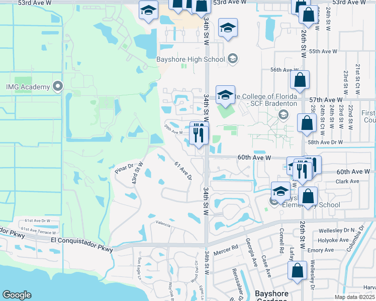 map of restaurants, bars, coffee shops, grocery stores, and more near 5965G 36th Street West in Bradenton