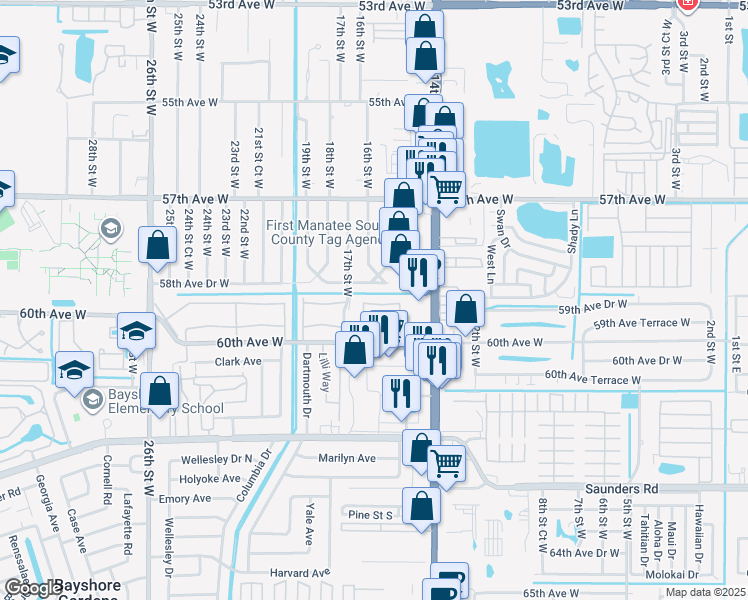 map of restaurants, bars, coffee shops, grocery stores, and more near 1593 Leisure Drive in Bradenton