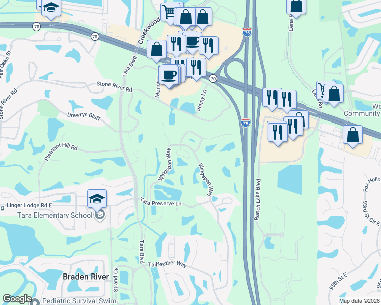 map of restaurants, bars, coffee shops, grocery stores, and more near 6047 Wingspan Way in Bradenton