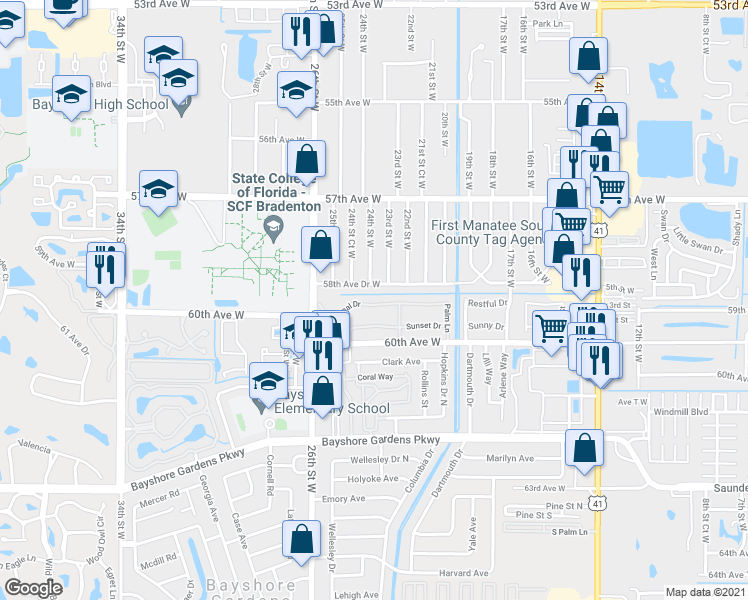 map of restaurants, bars, coffee shops, grocery stores, and more near 2308 Canal Drive in Bradenton